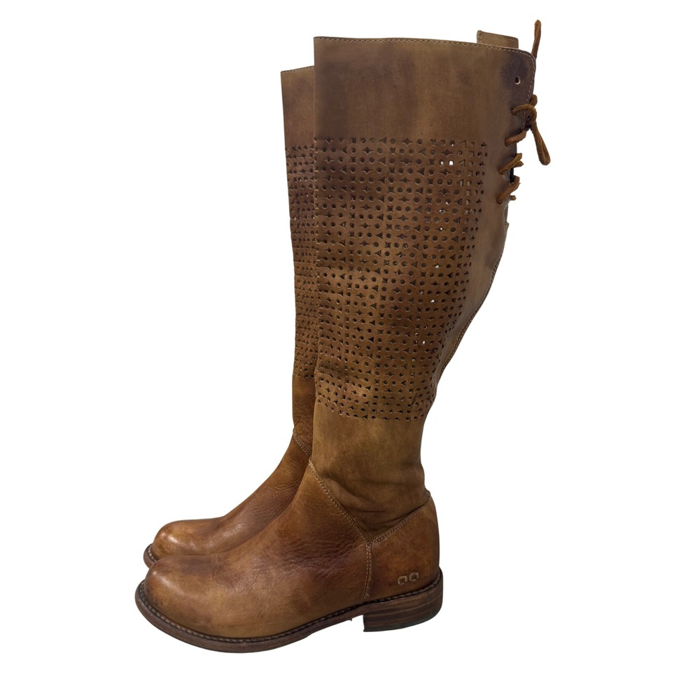 Bed Stu Manchester II Tan Leather Perforated Lace Up Knee High Boots Womens 8.5